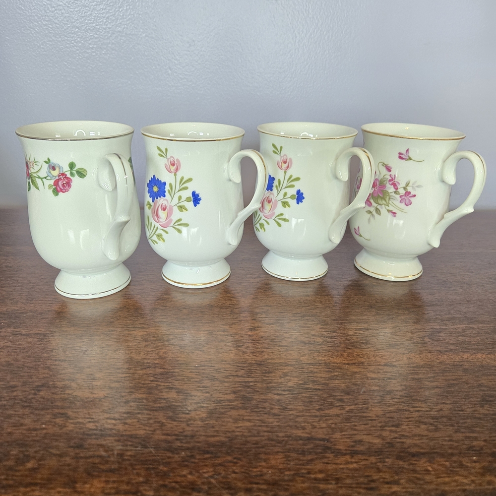 Set Of 4 Vintage Sheffield Fine China Mugs Gold/Silver Trim Tea Cups